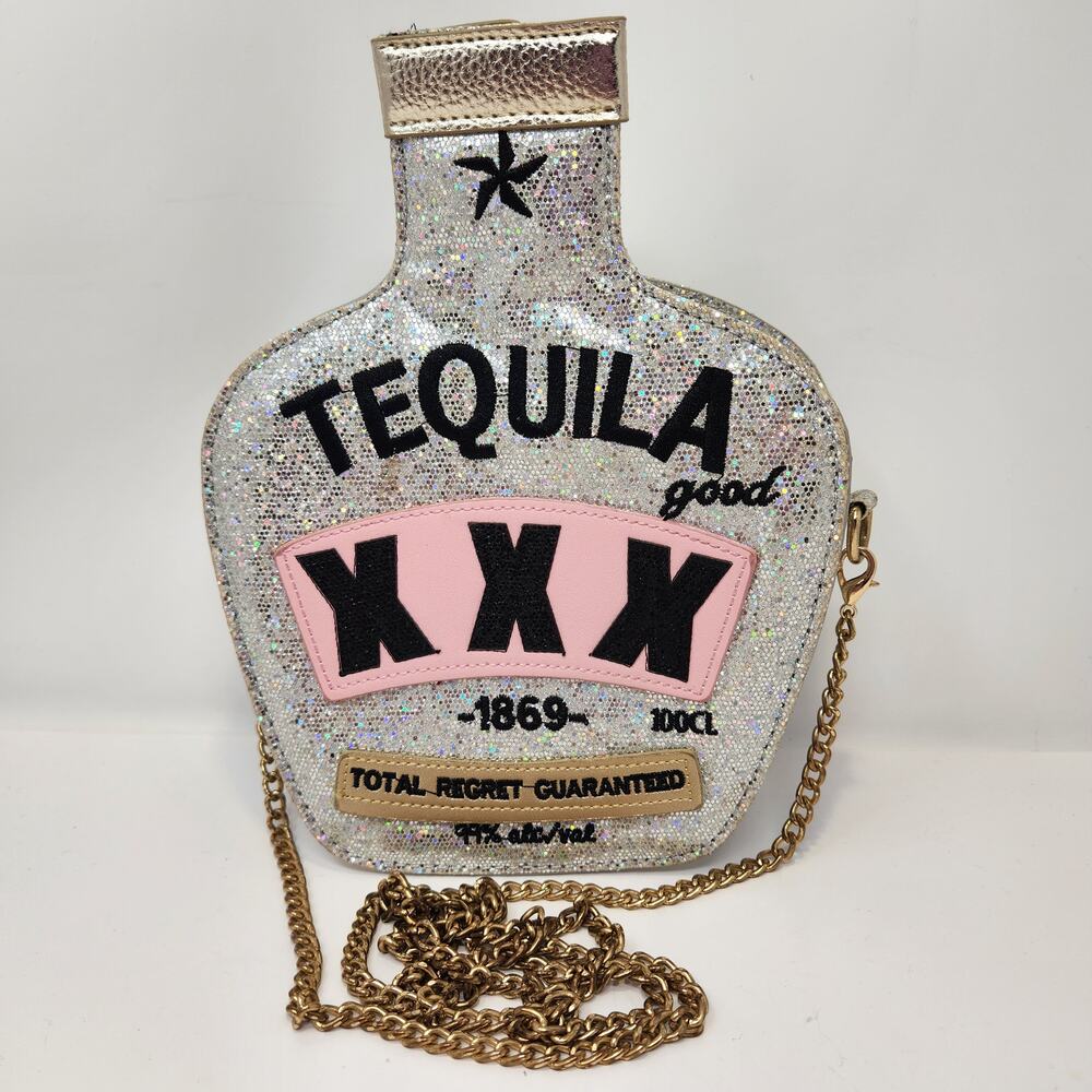 Tequila Bottle Sparkle Crossbody Bag with Gold Chain